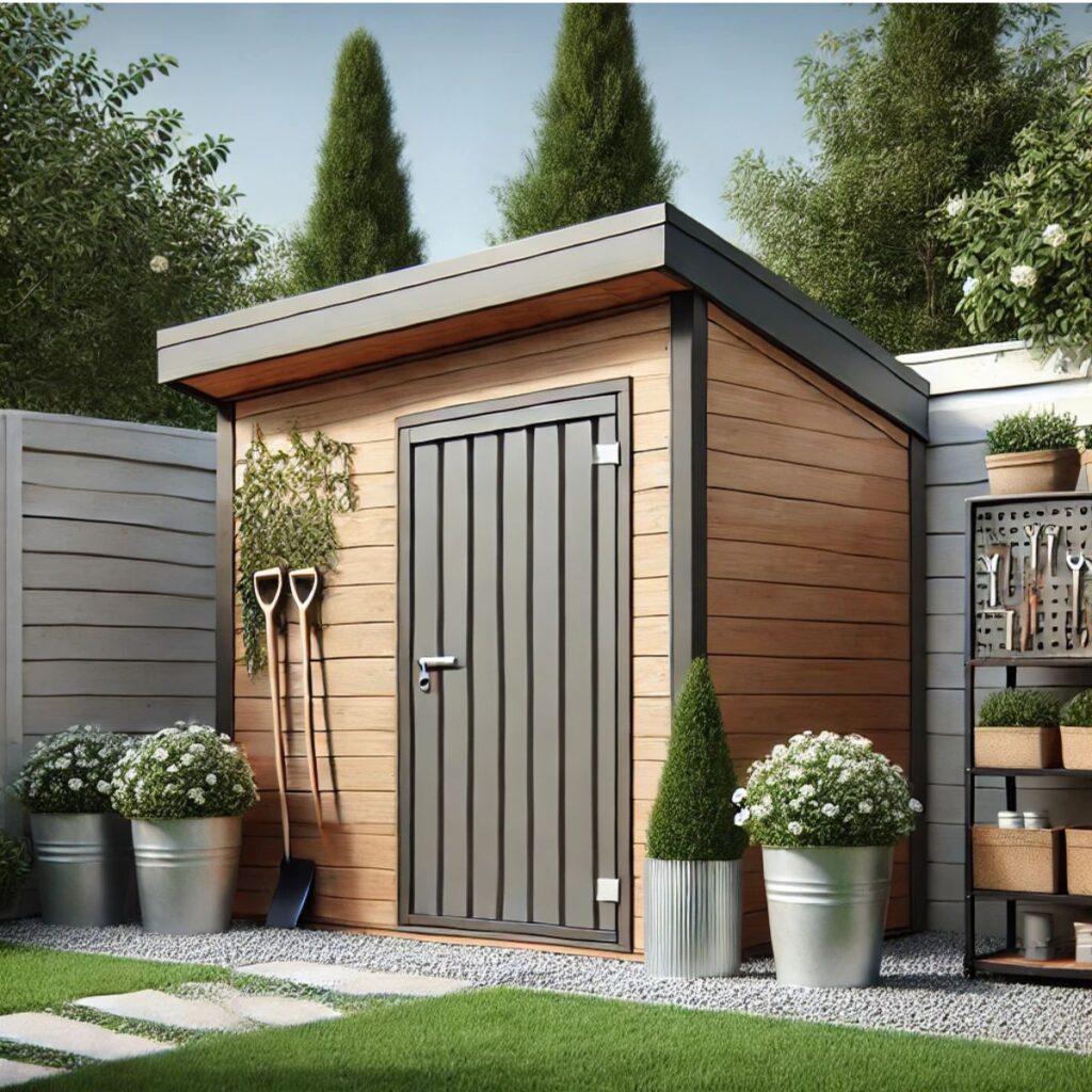 Contemporary wooden storage shed with a slanted metal roof, a secure door, and a small window, placed in a landscaped backyard.
