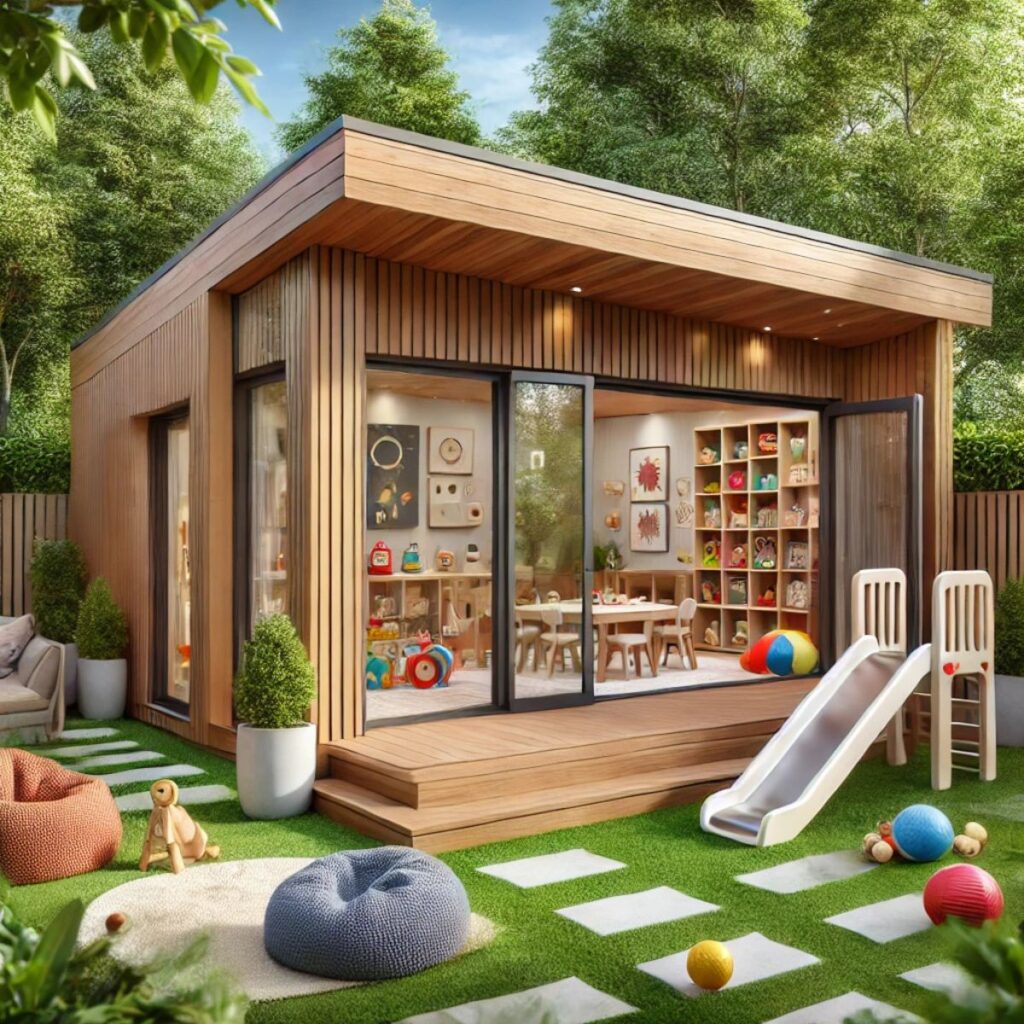 A modern outbuilding playroom featuring ample storage, a play area with toys, and comfortable seating