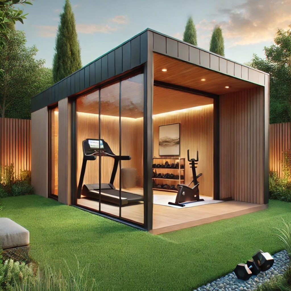 A modern outbuilding gym with large glass doors, wooden paneling, and ambient lighting, featuring a treadmill, dumbbells, and a yoga mat in a peaceful backyard setting.