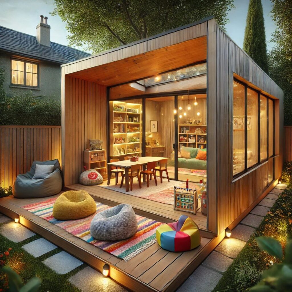 A spacious outbuilding playroom with large windows, comfortable furniture, and vibrant colors.