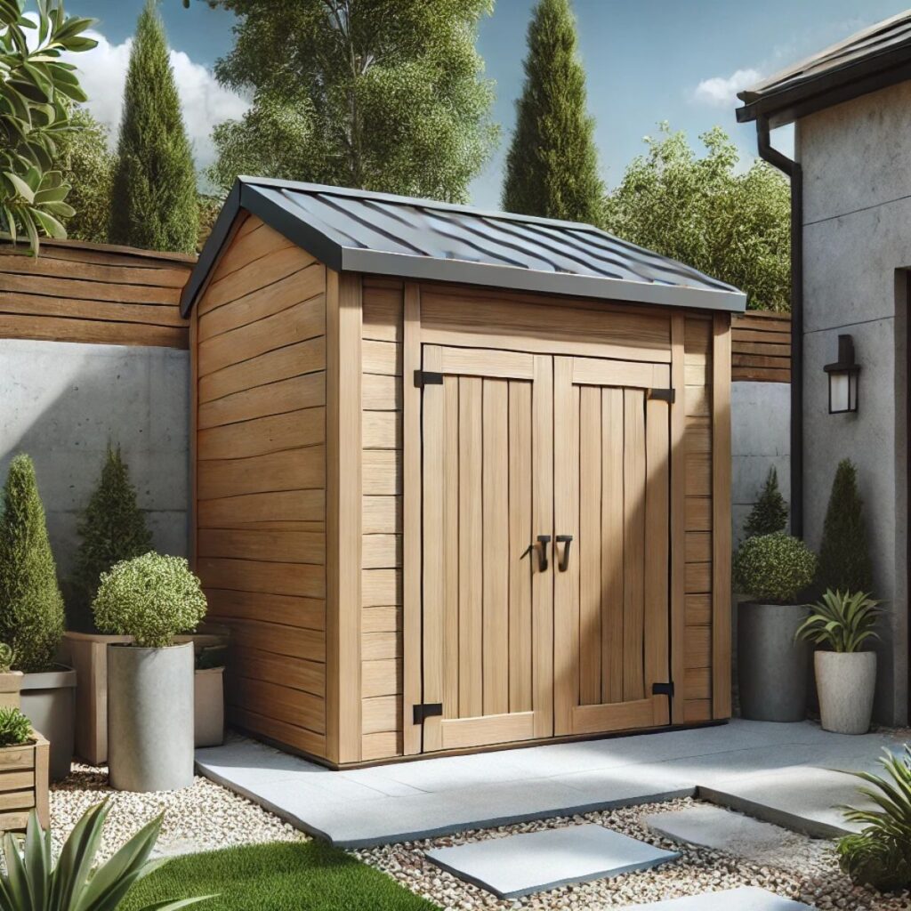 Modern wooden outbuilding storage unit with double doors, a small window, and a metal roof in a landscaped backyard.