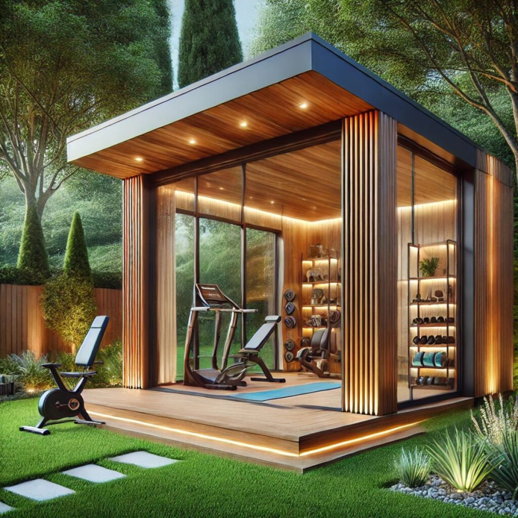 A contemporary garden outbuilding gym with floor-to-ceiling glass windows, wooden accents, and an illuminated interior, featuring a weight bench, exercise bike, and a yoga mat surrounded by lush greenery.