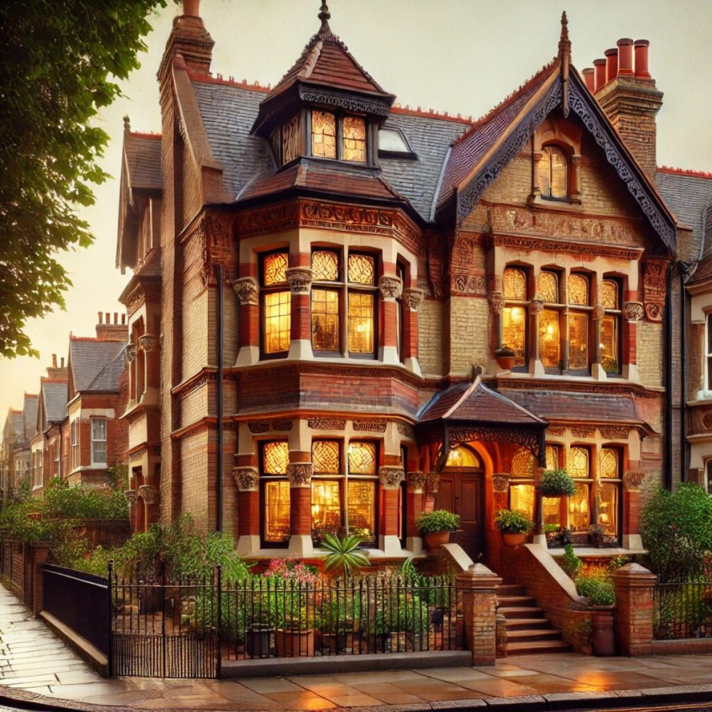 an image of a classic Victorian-style residential house in London, featuring intricate brickwork, bay windows, and traditional architectural details