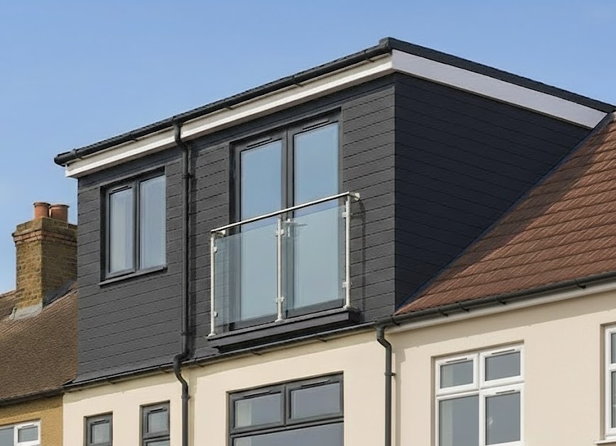 Modern loft dormer with Juliet balcony and slimline sliding door in London